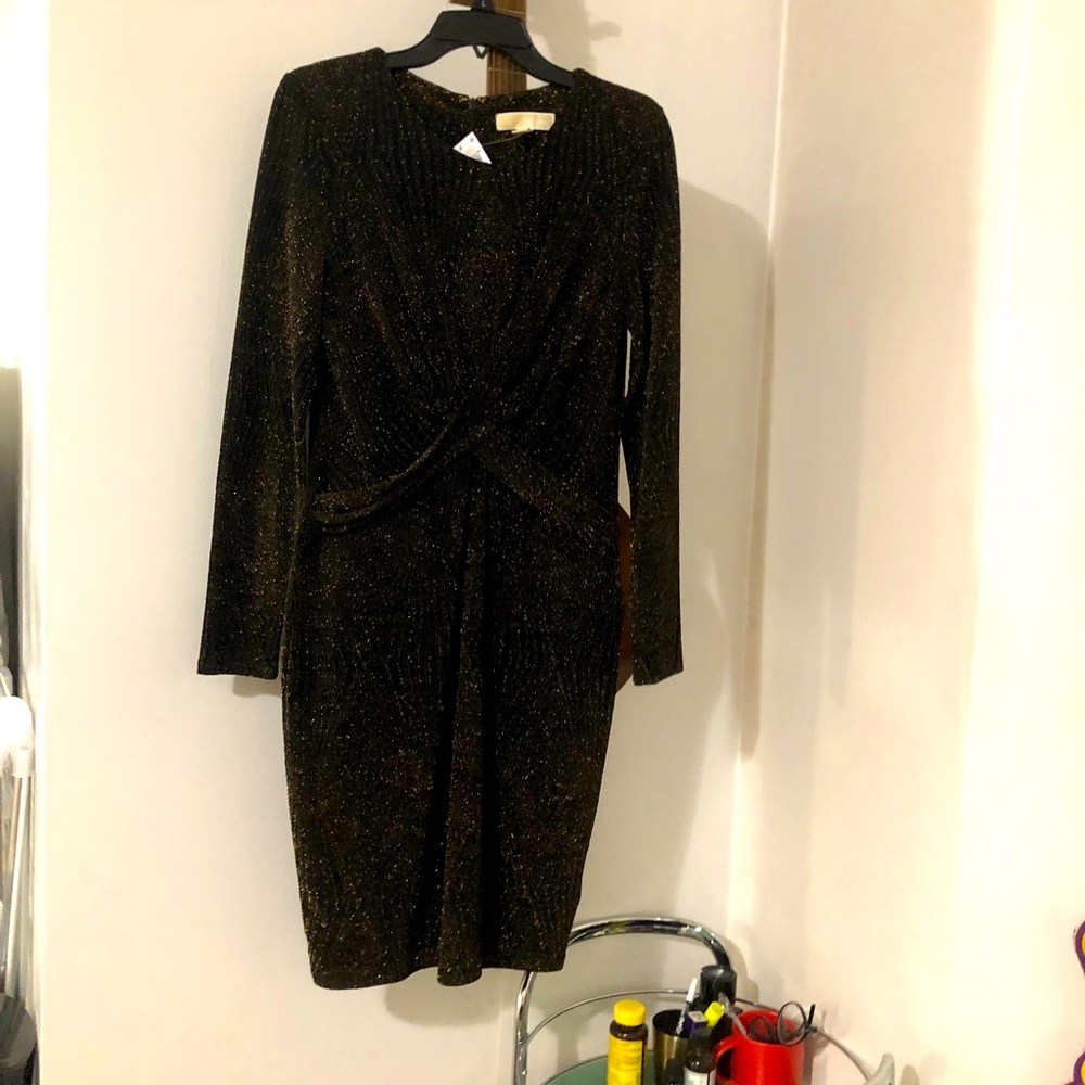 Gold shimmer long sleeve knee length dress